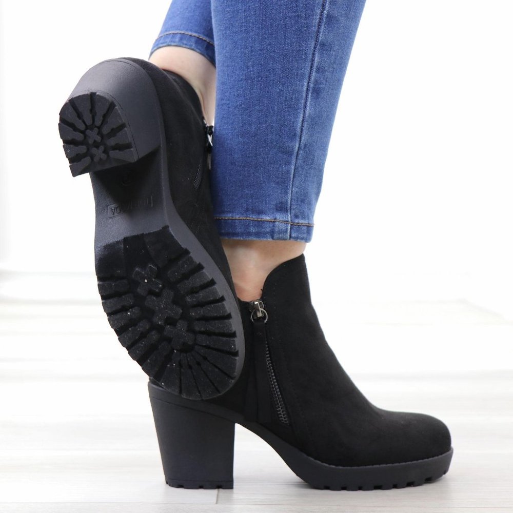 Black Suede Lug Chunky Heel Ankle Boots - Picture 9 of 16